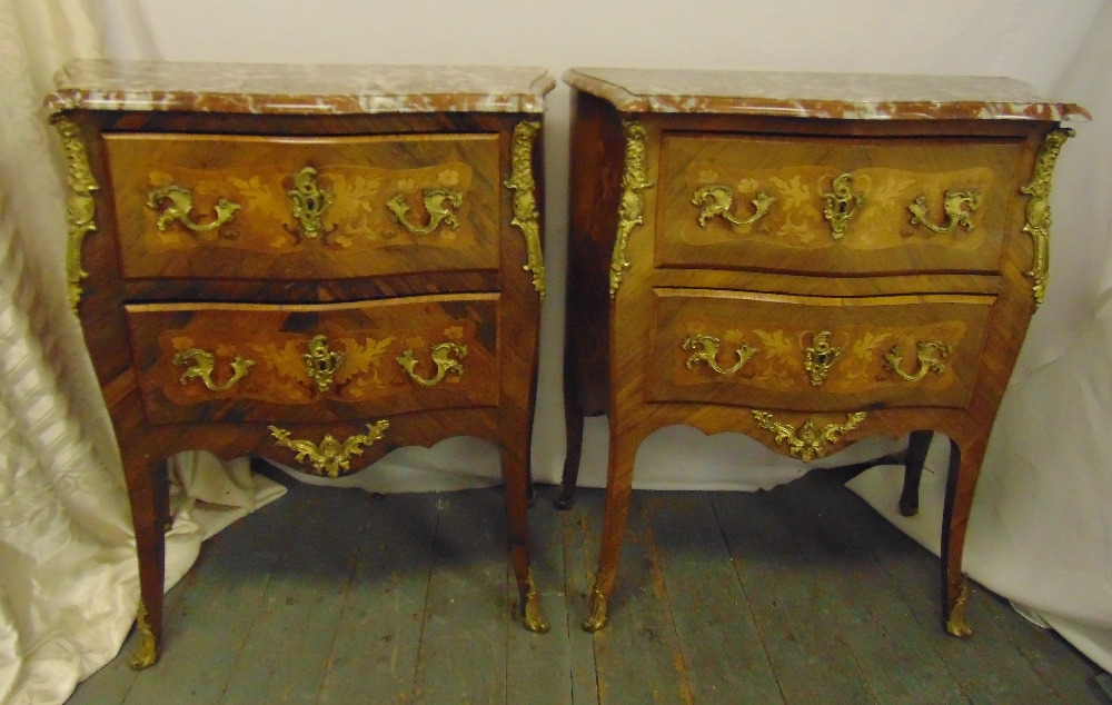 A pair of French kingswood rectangular inlaid chests, two drawers, gilded metal mounts and handles