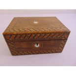 An Edwardian rectangular inlaid jewellery casket with Mother of Pearl escutcheon and plaque to