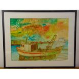 John Bellany framed and glazed watercolour of a ship in a harbour, signed bottom left, 54 x 74cm ARR
