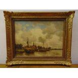 Robert Bagge-Scott framed oil on panel of Dutch barges on a river near Rotterdam, signed bottom