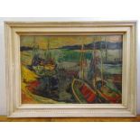 Richard Weisbrod framed oil on panel of boats moored in a dock, signed bottom right, 55 x 80cm ARR