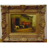 T. Pollard framed oil on canvas of farmyard animals by a barn door, signed bottom left, 30 x 40.5cm