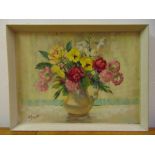 A. Jowett framed oil on panel still life of flowers, signed bottom left, 29.5 x 39.5cm