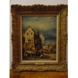 Jules George Bahieu 1860-1895 framed oil on panel titled Dieppe Normandy with houses and fishing