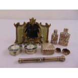 A quantity of collectables to include a silver propelling pencil, pill boxes, perfume bottles with