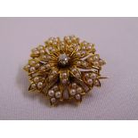 18ct yellow gold, seed pearl and diamond brooch, approx total weight 8.8g