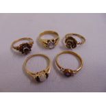 Five 9ct gold rings set with various stones, approx total weight 12.5g