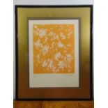 A framed and glazed indistinctly signed artist proof lithograph, abstract form against a yellow