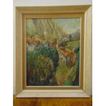 Bass framed oil on board view of a mountain village, signed bottom left dated 1961, 50 x 40cm ARR