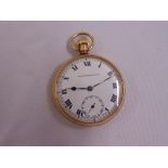 Record Dreadnought 9ct yellow gold open face pocket watch with white enamel dial, Roman numerals and