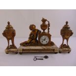 A gilded metal and marble clock set with white enamel dial, Roman numerals, two train movement to