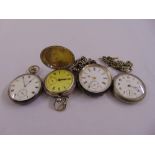 Four pocket watches to include three silver cased, two with Albert chains