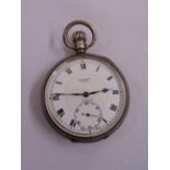 Rolex silver cased open faced pocket watch, white enamel dial, Roman numerals with subsidiary