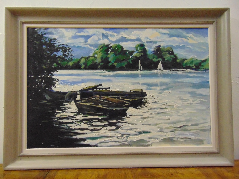 T. Abraham framed acrylic on canvas of Aldenham Reservoir, signed bottom right, 50.5 x 76cm ARR