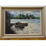 T. Abraham framed acrylic on canvas of Aldenham Reservoir, signed bottom right, 50.5 x 76cm ARR