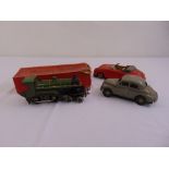 Hornby O gauge engine in original packaging and two tin plate motor cars