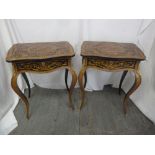 A pair of Louis XVI style rectangular Kingswood inlaid side tables with hinged covers revealing
