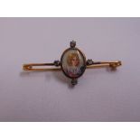A Victorian yellow gold bar brooch set with an oval painted image of a lady and four old cut