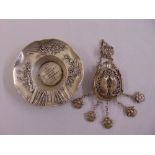 An oriental white metal dish and a white metal chatelaine