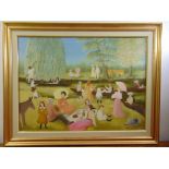 Pamela Cornell framed oil on canvas titled Picnic by the River, signed and dated bottom right
