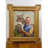 John Berwick framed oil on canvas portrait of Lester Piggot beside the racehorse Orsini, 50 x 40cm