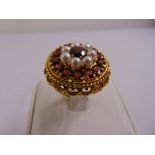 9ct yellow gold, pearl and garnet cocktail ring, approx total weight 12.1g