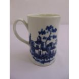 A Worcester first period blue and white mug decorated with buildings and trees, crescent mark to