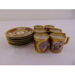 Six Vienna cabinet cups and saucers decorated with 18th century courtly scenes