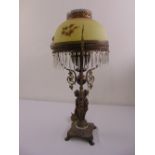 A Victorian brass table lamp, figural stem on shaped square base with frosted glass shade and drop