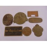 Seven brass machine plaques to include Rapidior and Reliance