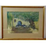 A framed and glazed watercolour of a carriage in landscape setting, indistinctly signed bottom