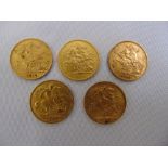 Five half sovereigns 1903, 3 x 1912, 1914