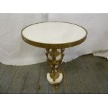 A French 19th century gilded metal and white marble circular table, the vase form stem flanked by