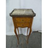 A Louis XVI style side table, two drawers, marble galleried top, on four cabriole legs