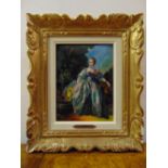 A framed and glazed Limoges enamel of a lady in 18th century dress with a legend Mme Bergeret signed