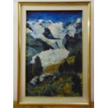 A framed oil on canvas of a mountain landscape, 76 x 50.5cm