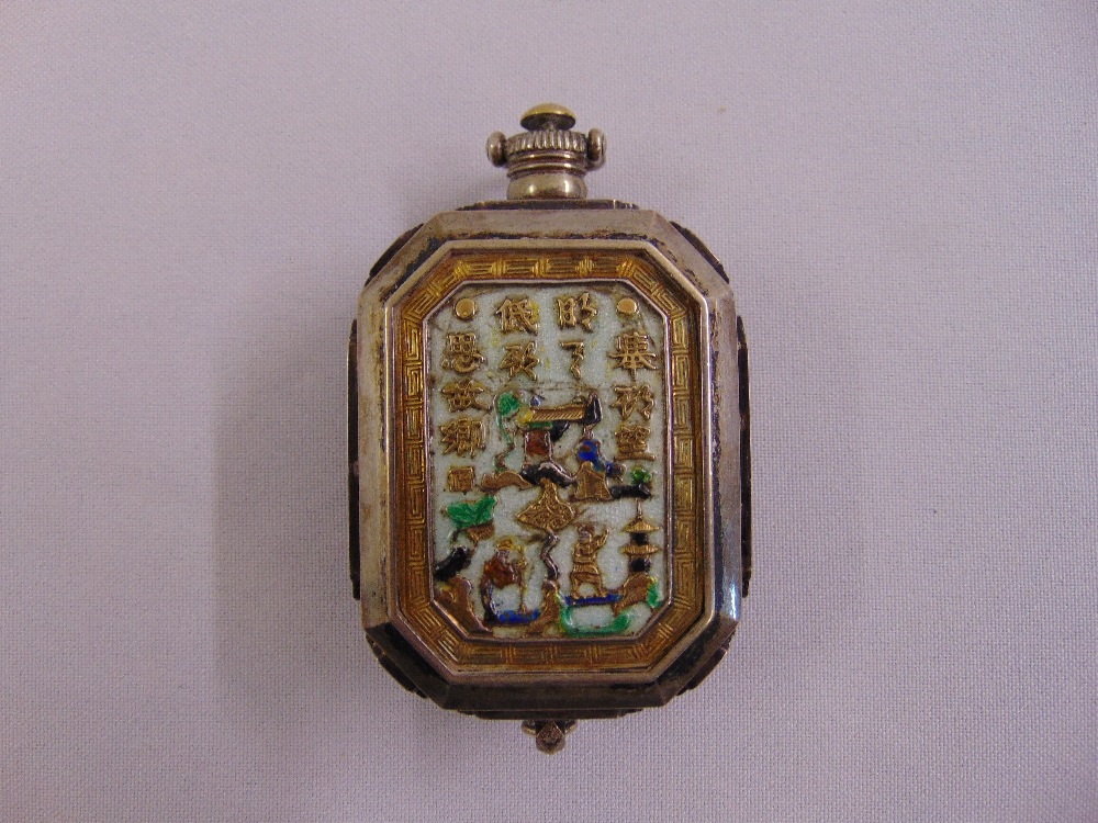 Chinese white metal snuff box of elongated octagonal form with polychromatic enamel decoration