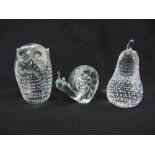 Three Whitefriars paperweights to include an owl, a snail and a pear