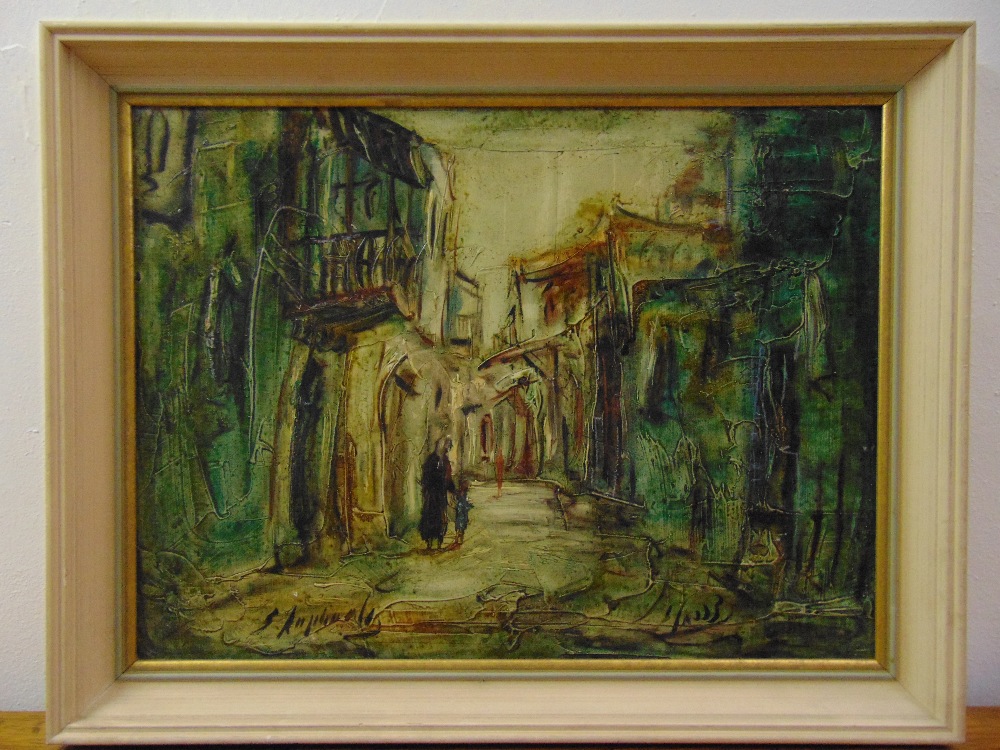 Ziv Raphaeli framed oil on board of a Jerusalem street scene