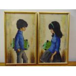 S. Olivier two framed oils on board of a boy and girl signed left and right, 45 x 26cm each ARR
