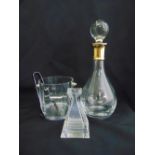 A glass decanter with silver gilt hallmarked collar, a Tiffany signed miniature vase and a