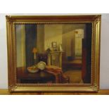 A framed oil on canvas of an interior scene, 61 x 76cm