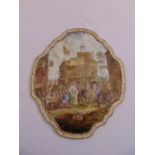 A Sevres style shaped oval wall plaque depicting a French scene, marks to verso