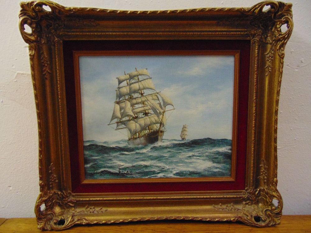 John Bentham Dinsdale framed oil on canvas of galleons, signed bottom left, 25 x 30cm ARR applies