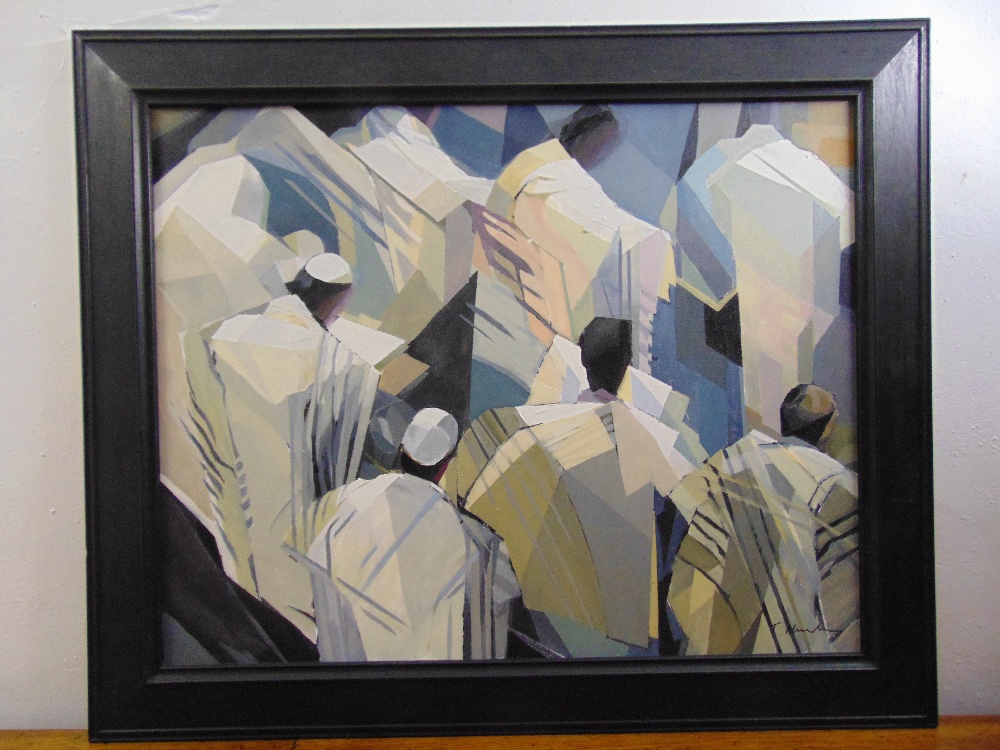 T. Abrahams framed acrylic on canvas of a community praying, signed bottom right 56.5 x 72cm ARR