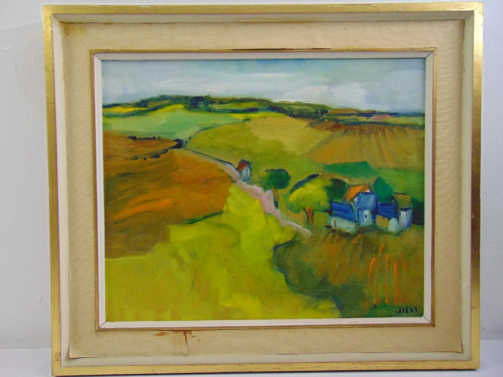 Joan Hodes framed oil on canvas of houses and fields, monogrammed and dated bottom right, labels