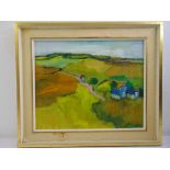Joan Hodes framed oil on canvas of houses and fields, monogrammed and dated bottom right, labels