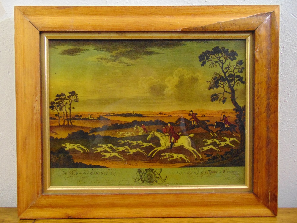 A Victorian framed reverse glass image of a hunting scene, 26 x 35cm