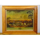 A Victorian framed reverse glass image of a hunting scene, 26 x 35cm