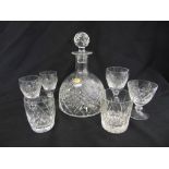 A Whitefriars cut glass decanter and six liqueur glasses in original packaging